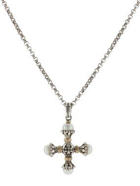 KONSTANTINO 925 Silver & 18K Gold Clas Cultured Pearl Cross Pendant Necklace 18"